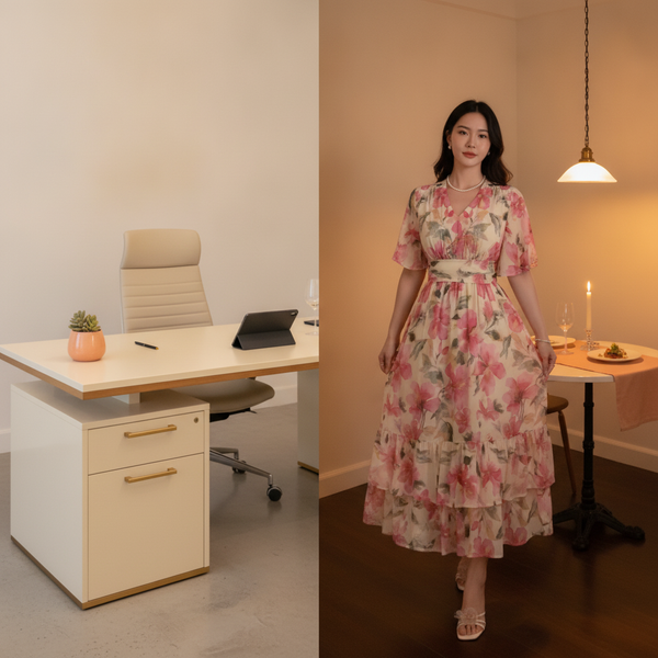 A woman in a flowing beige 'Florielle' dress transitions from an office to a dinner setting, highlighting the dress's versati
