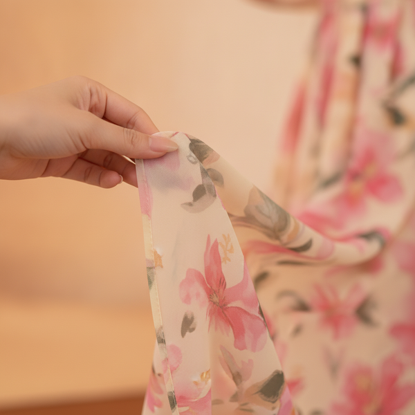 Close-up photograph of a luxurious, wrinkle-resistant Florielle fabric, showcasing its crispness and smooth texture.
