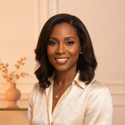 Portrait of Tasha James, a woman with a warm smile, wearing an elegant blouse against a cream background.