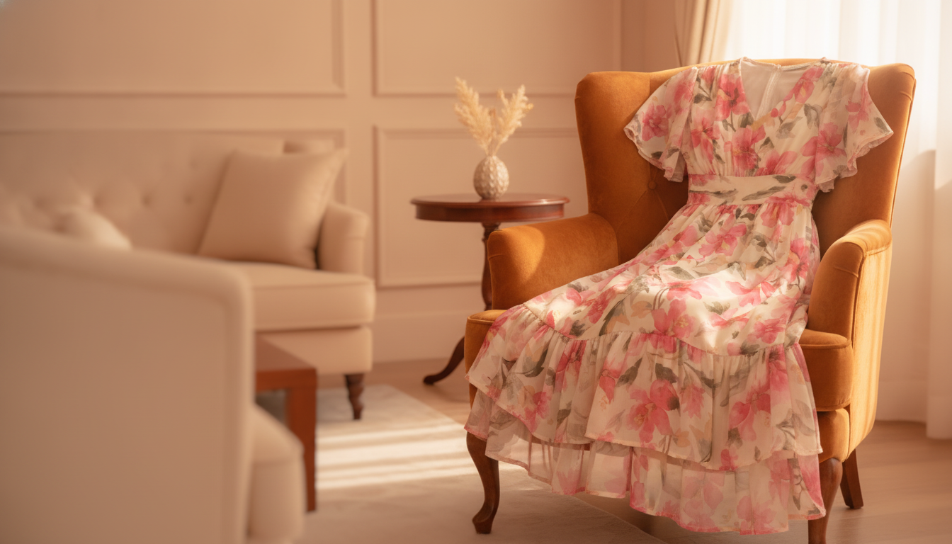 An elegant, flowing beige Florielle dress draped over a plush velvet armchair in a sunlit, sophisticated living room.