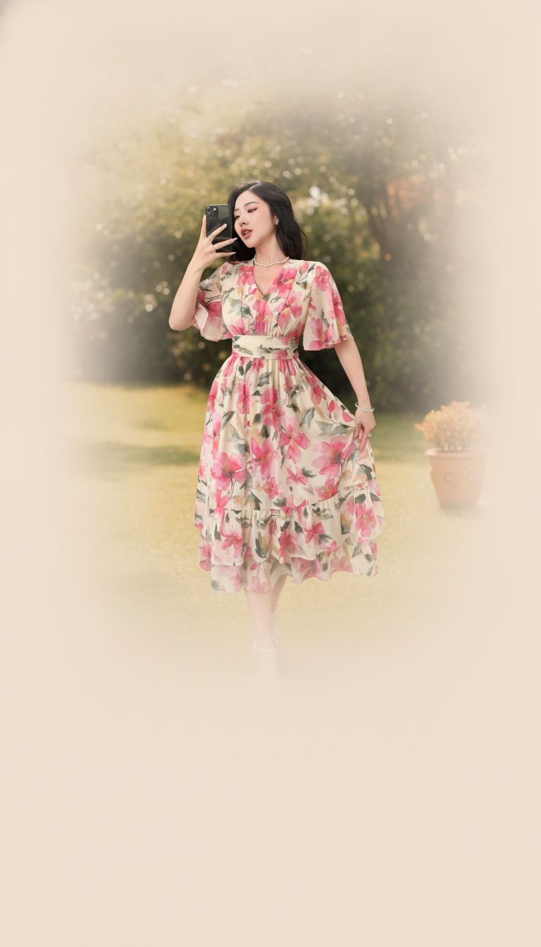 A woman in a flowing Florielle dress stands gracefully outdoors, with a soft, out-of-focus background. She is centered in the