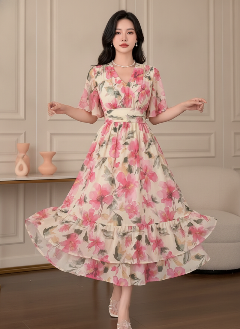 A model gracefully wearing the Florielle dress in an elegant, minimalist setting with soft lighting and subtle warm cream and