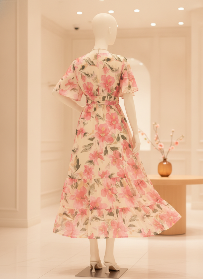 Elegant "Florielle" garment draped on a light-colored mannequin in a minimalist boutique, bathed in warm, soft light.