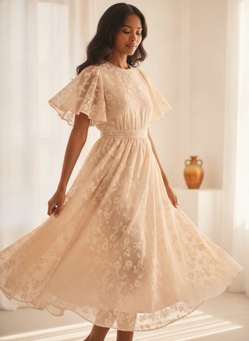 A woman in a flowing beige Florielle dress, gently twirling against a soft, bright background, captured from the waist up.