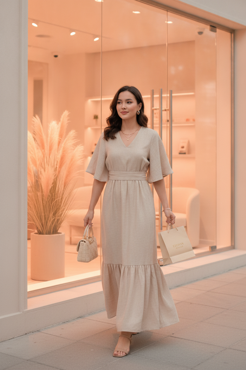 A diverse woman in a flowing dress exits a high-end fashion boutique with a modern, elegant exterior, reflecting warm amber a