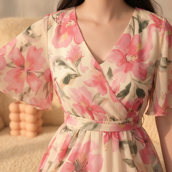 Close-up of the elegant "Florielle" dress, showcasing its luxurious fabric and timeless design, draped on a mannequin.