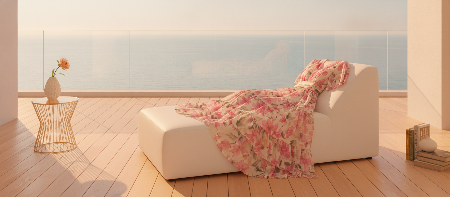 An elegant Florielle dress draped on a white lounge chair on a coastal balcony overlooking the ocean at sunset.