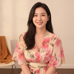 Portrait of Sophie Chen, an East Asian woman with a warm smile, wearing an elegant dress against a clean, warm cream backgrou