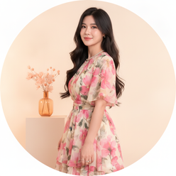 Aria Montgomery, a woman with an elegant and feminine style, smiles confidently in a circular portrait against a warm cream b