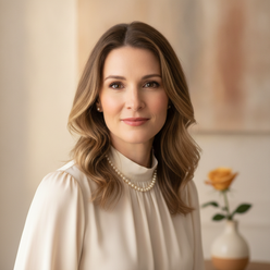Portrait of Nora Quinn, a woman with a confident expression, wearing elegant, timeless fashion. The background is softly blur
